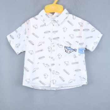 White Regular Spread Drop Shoulder Overall Print Cotton Half Sleeve Shirt For 18Months-6Years Boys-11239072