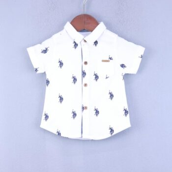 White Narrow Spread 4 Way Stretch Overall Print Cotton Half Sleeve Shirt For 6M-3Years Boys-11239092