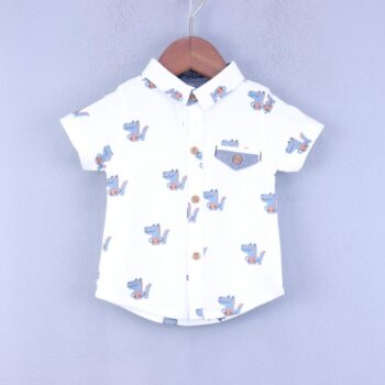 White Narrow Spread 4 Way Stretch Overall Print Cotton Half Sleeve Shirt For 6M-3Years Boys-11239131
