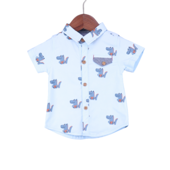 Blue Narrow Spread 4 Way Stretch Overall Print Cotton Half Sleeve Shirt For 6M-3Years Boys-11239133