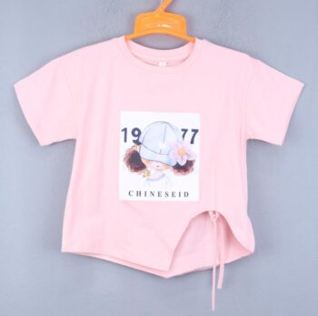 Pink Crop Semi-Drop Round Neck Double Knit Cotton Half Sleeve Top For 4Years-9Years Girls-11463132