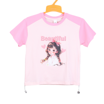 Pink Crop Semi-Drop Round Neck Double Knit Cotton Half Sleeve Top For 4-9Years Girls-11463151