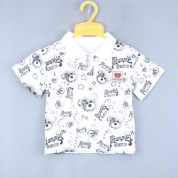 White Overall Print Polo Neck Double Knit Cotton Half Sleeve T-Shirt For 18Months-6Years Boys-11464582