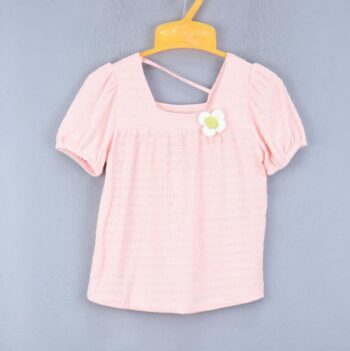 Pink Plain U Neck Double Knit Cotton Half Sleeve Top For 18Months-6Years Girls-11465911