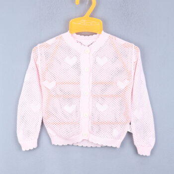 Pink Ribbed Neck Self Pattern Fabric 4 Way Stretch Summer Cotton Cardigan/Outer For 18Months-6Years Girls-11505571