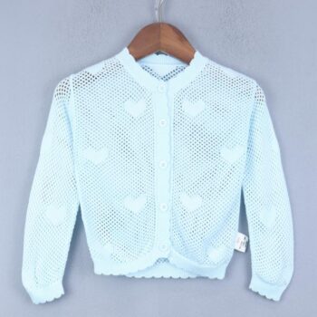 Blue Ribbed Neck Self Pattern Fabric 4 Way Stretch Summer Cotton Cardigan/Outer For 18Months-6Years Girls-11505572