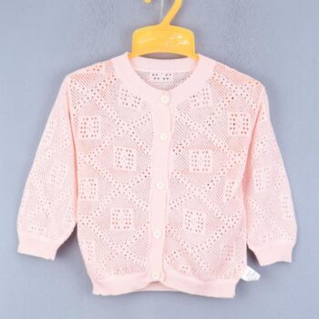 Peach Ribbed Neck Self Pattern Fabric 4 Way Stretch Summer Cotton Cardigan/Outer For 18Months-6Years Girls-11505611