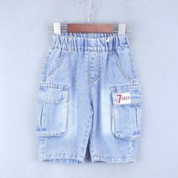 Blue Non-<Stretchable> Straight-Thigh Length Casual Denim Cargo Shorts For 2Years-7Years Boys-12061521