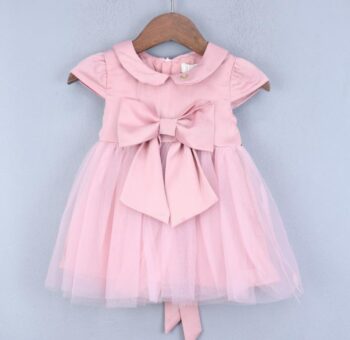 Pink Regular Fit Narrow Neck Half Sleeve Knee Length Satin Frock For 6Months-3Years Girls-16060411