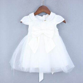 White Regular Fit Narrow Neck Half Sleeve Knee Length Satin Frock For 6Months-3Years Girls-16060412