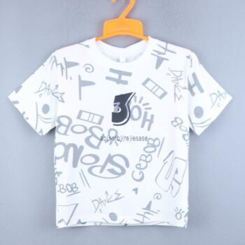 White Overall Print Semi-Drop Round Neck Double Knit Cotton Half Sleeve T-Shirt For 5Years-12Years Boys-11465131