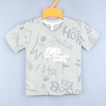 Grey Overall Print Round Neck Double Knit Cotton Half Sleeve T-Shirt For 18Months-6Years Boys-11465322