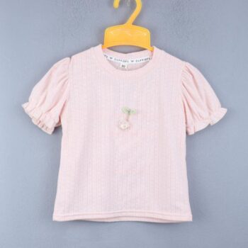 Pink Self Pattern Round Neck Double Knit Cotton Half Sleeve Top For 18Months-6Years Girls-11465661