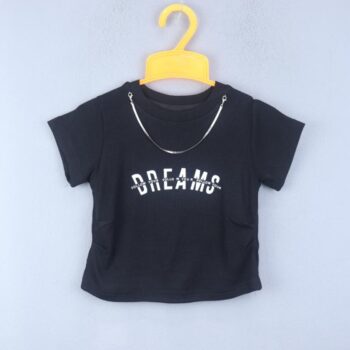 Black Crop Round Neck French Terry Half Sleeve Top For 18Months-6Years Girls-11466392