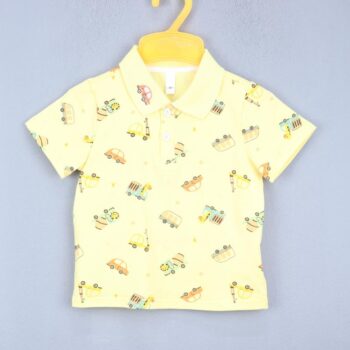 Yellow Overall Print Polo Neck Double Knit Cotton Half Sleeve T-Shirt For 18Months-6Years Boys-11467582