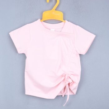 Pink Crop Plain Round Neck Double Knit Cotton Half Sleeve Top For 18Months-6Years Girls-11467731