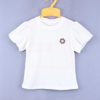 Cream Self Pattern Round Neck Double Knit Cotton Half Sleeve Top For 18Months-6Years Girls-11468141