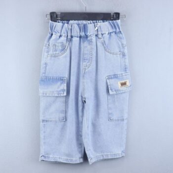 Blue 2 Way Stretch Tapered-Knee Length Casual Denim Cargo Shorts For 6Years-12Years Boys-12058391