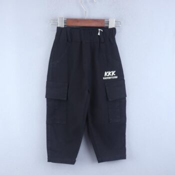Black Soft 2 Way Stretch Tapered-Slim Cotton Cargo Pants For 2Years-4Years Boys-13456442