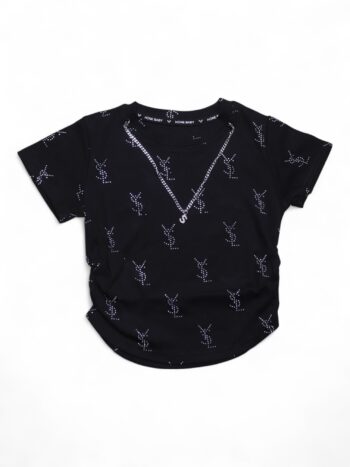 Black Self Pattern Round Neck Single Knit Cotton Half Sleeve Top For 3 To 8 Years Girls-11474371