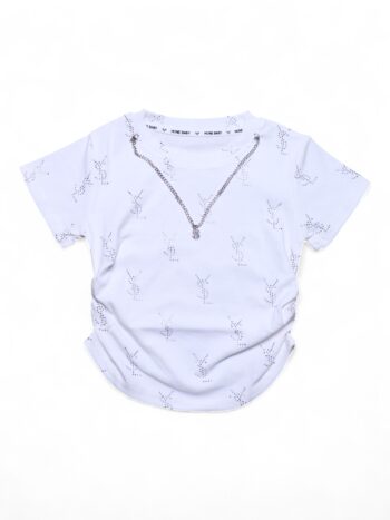White Self Pattern Round Neck Single Knit Cotton Half Sleeve Top For 3 To 8 Years Girls-11474372