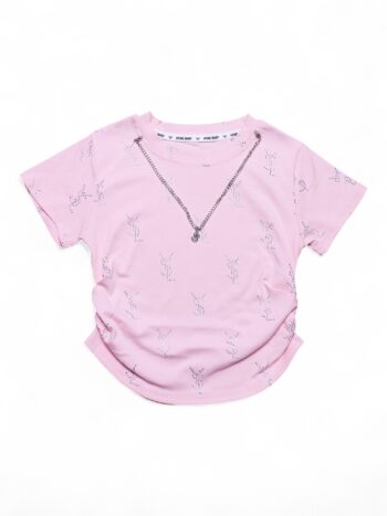 Pink Self Pattern Round Neck Single Knit Cotton Half Sleeve Top For 3 To 8 Years Girls-11474373