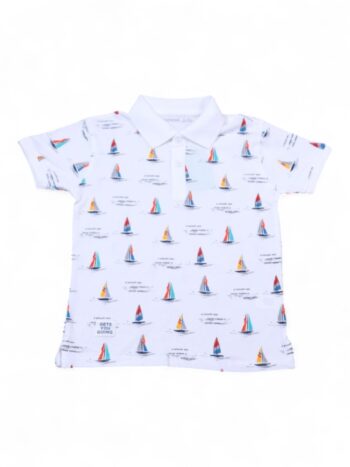 White-Boat Overall Print Polo Neck Double Knit Cotton Half Sleeve T-Shirt For 5 To 8 Years Boys-11477211