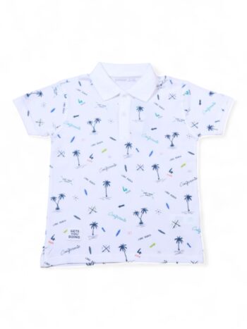 White-Beach Overall Print Polo Neck Double Knit Cotton Half Sleeve T-Shirt For 5 To 8 Years Boys-11477212