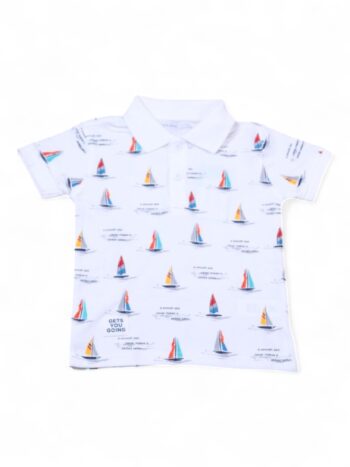 White-Boat Overall Print Polo Neck Double Knit Cotton Half Sleeve T-Shirt For 2 To 5 Years Boys-11477251