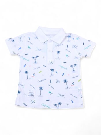 White-Beach Overall Print Polo Neck Double Knit Cotton Half Sleeve T-Shirt For 2 To 5 Years Boys-11477252