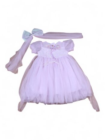 Purple Narrow Neck Half Sleeve Knee Length Satin Frock For 5 To 9 Years Girls-16066142