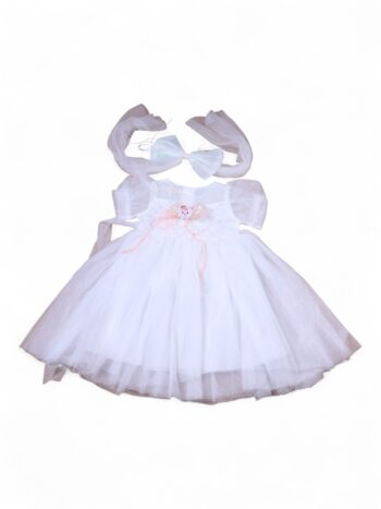 White Narrow Neck Half Sleeve Knee Length Satin Frock For 5 To 9 Years Girls-16066143
